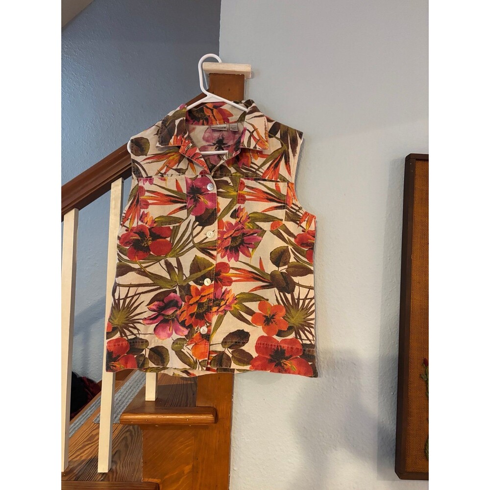 Chico’s linen blend floral tank top shirt vest Hawaiian 2 L vtg y2k hibiscus